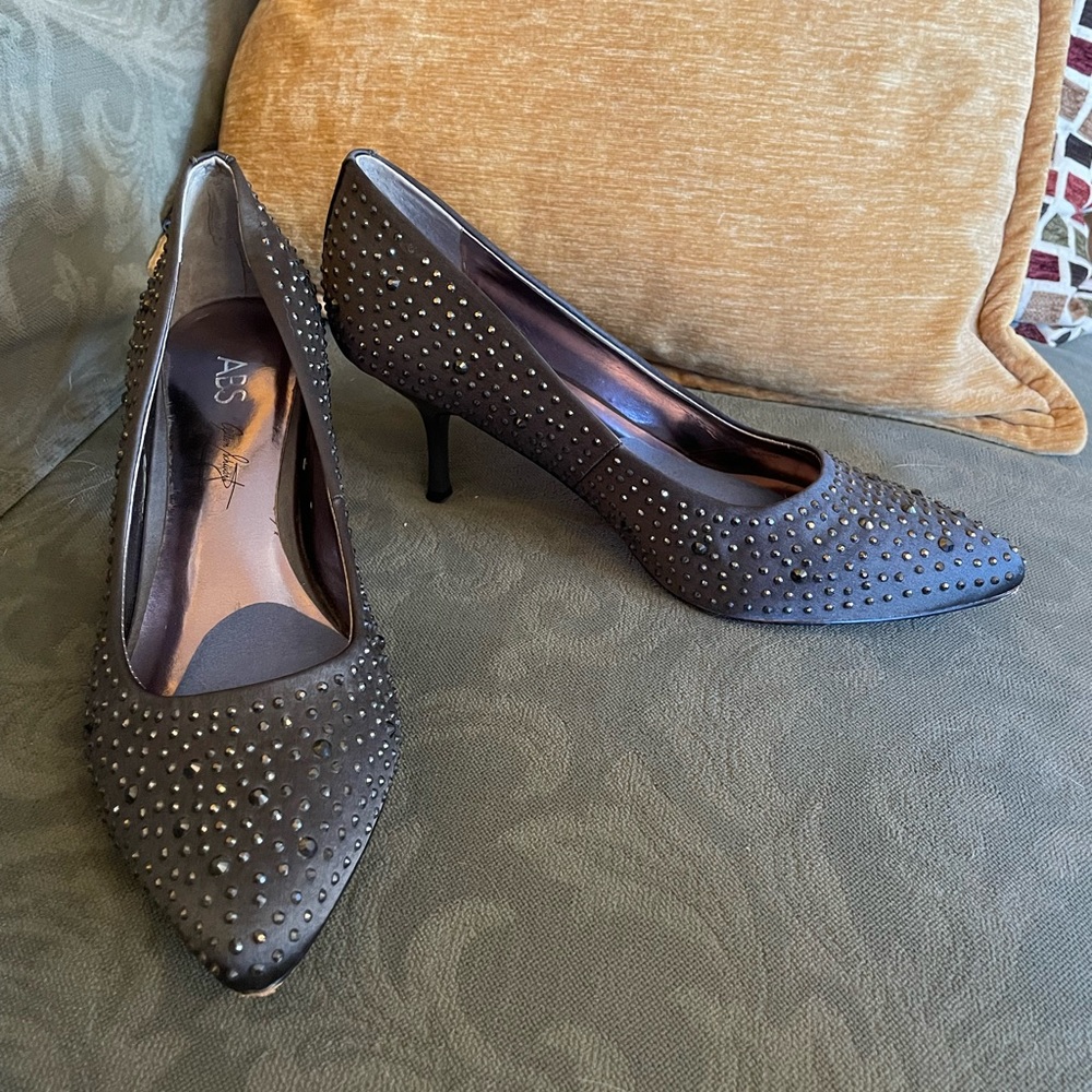 ABS Kitten Heel Grey Rhinestone Studded Pumps
